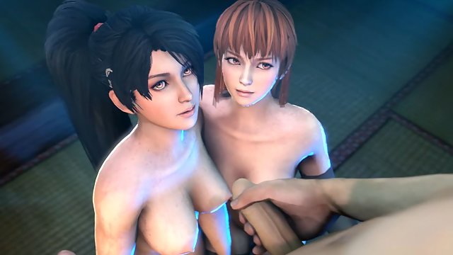 Yoshiwara Rose - Old Japanese guy gets his dick sucked by two 3d animated hookers